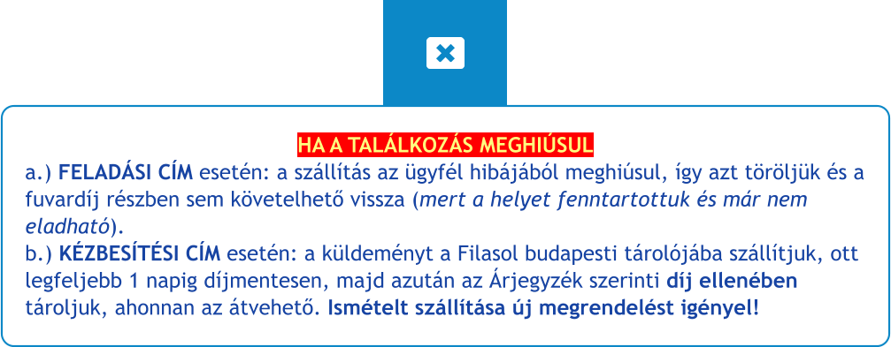 HA A TALÁLKOZÁS MEGHIÚSUL a.) FELADÁSI CÍM esetén: a szállítás az ügyfél hibájából meghiúsul, így azt töröljük és a fuvardíj részben sem követelhető vissza (mert a helyet fenntartottuk és már nem eladható).b.) KÉZBESÍTÉSI CÍM esetén: a küldeményt a Filasol budapesti tárolójába szállítjuk, ott legfeljebb 1 napig díjmentesen, majd azután az Árjegyzék szerinti díj ellenében tároljuk, ahonnan az átvehető. Ismételt szállítása új megrendelést igényel!