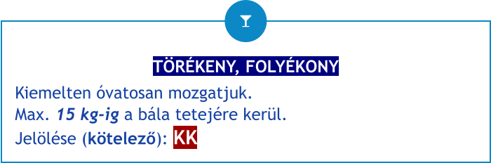 TÖRÉKENY, FOLYÉKONY Kiemelten óvatosan mozgatjuk.Max. 15 kg-ig a bála tetejére kerül.Jelölése (kötelező): KK